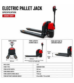 DEMO Electric Pallet Jack 1.5 TON Pallet Truck 550mm Narrow Fork