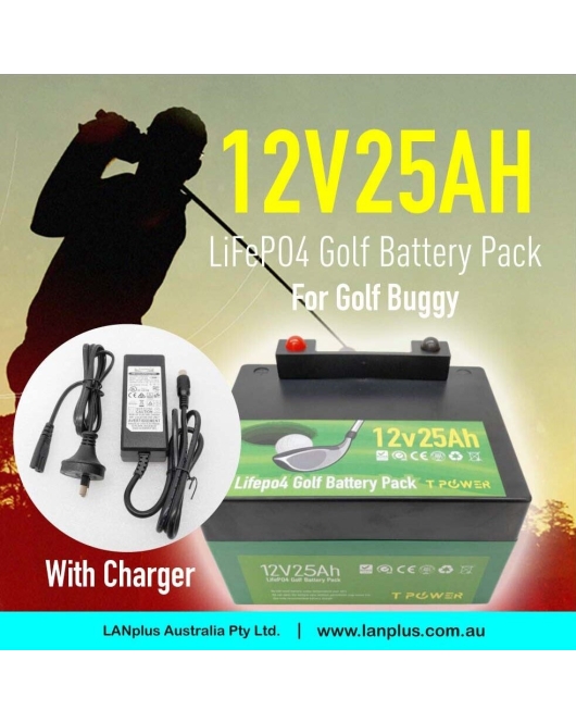 TPower 12V 25Ah LiFePO4 Golf Buggy Battery with 14.6V 3A Charger – 3-Pin or Anderson Connector