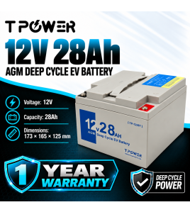 Tpower 12V 28AH AGM DEEP CYCLE EV Sealed Lead rechargeable Battery