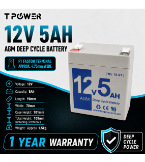 TPower 12V 5Ah AGM Deep Cycle Battery F1 Security Alarm Emergency Light