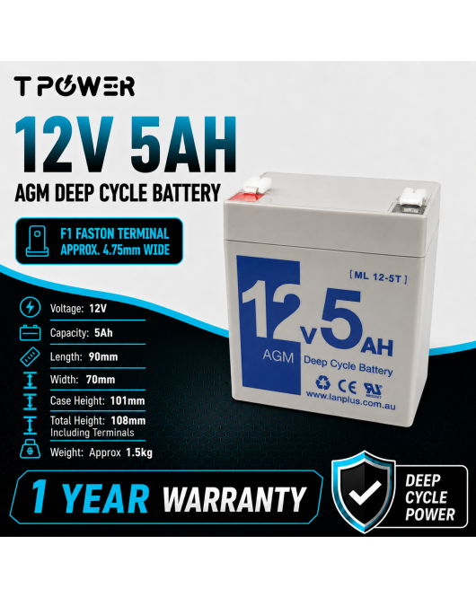 TPower 12V 5Ah AGM Deep Cycle Battery F1 Security Alarm Emergency Light