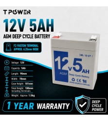 TPower 12V 5Ah AGM SLA Battery F2 6.35mm UPS Alarm Emergency Light - Wholesale (10+ Units)