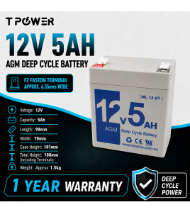 TPower 12V 5Ah AGM SLA Battery F2 6.35mm UPS Alarm Emergency Light - Wholesale (10+ Units)