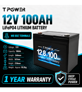 TPower 12V 100Ah LiFePO4 Lithium Deep Cycle Battery with M8 Terminals – 1 Year Warranty