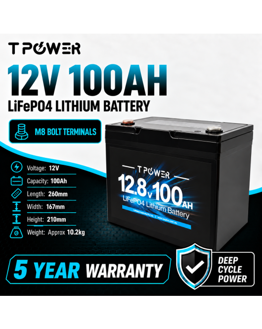 TPower 12V 100Ah LiFePO4 Lithium Deep Cycle Battery with M8 Terminals – 5 Year Warranty