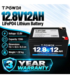 TPower 12V 12Ah LiFePO4 Lithium Battery F2 – Same Size as 7Ah &amp; 9Ah - 3 year warranty