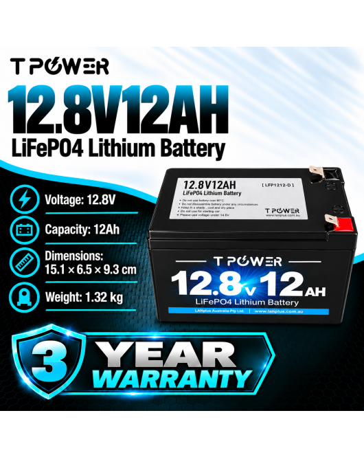 TPower 12V 12Ah LiFePO4 Lithium Battery F2 – Same Size as 7Ah & 9Ah – 3 Year Warranty