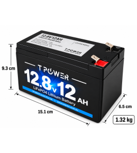 TPower 12V 12Ah LiFePO4 Lithium Battery F2 – Same Size as 7Ah &amp; 9Ah - 3 year warranty