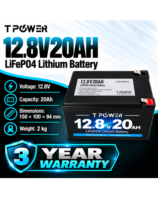 TPower 12V 20Ah LiFePO4 Lithium Battery F2 – 12Ah / 15Ah Case Size – 3 Year Warranty