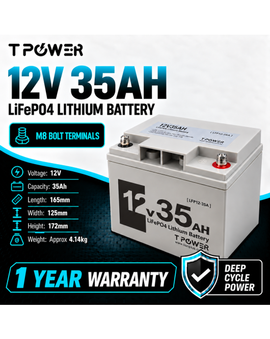 TPower 12V 35Ah LiFePO4 Lithium Deep Cycle Battery with M8 Terminals – 1 Year Warranty
