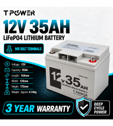 TPower 12V 35Ah LiFePO4 Lithium Deep Cycle Battery with M8 Terminals – 3 Year Warranty