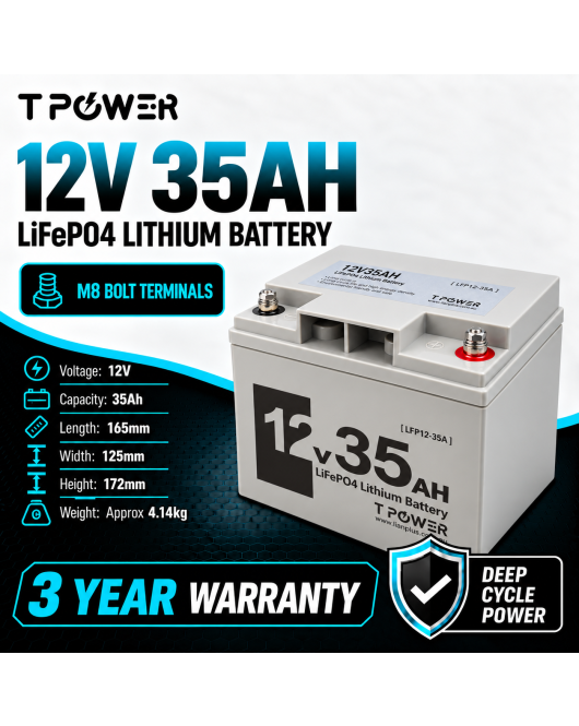 TPower 12V 35Ah LiFePO4 Lithium Deep Cycle Battery with M8 Terminals – 3 Year Warranty