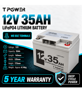 TPower 12V 35Ah LiFePO4 Lithium Deep Cycle Battery with M8 Terminals – 5 Year Warranty