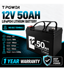 TPower 12V 50Ah LiFePO4 Lithium Deep Cycle Battery with M8 Terminals – 1 Year Warranty