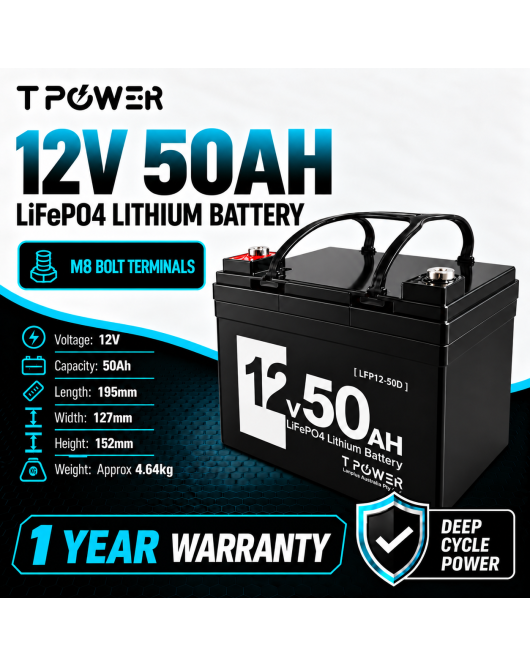 TPower 12V 50Ah LiFePO4 Lithium Deep Cycle Battery with M8 Terminals – 1 Year Warranty