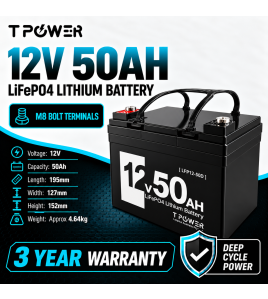 TPower 12V 50Ah LiFePO4 Lithium Deep Cycle Battery with M8 Terminals – 3 Year Warranty