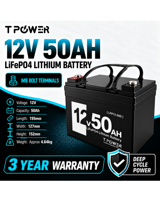 TPower 12V 50Ah LiFePO4 Lithium Deep Cycle Battery with M8 Terminals – 3 Year Warranty - Wholesale (10+ Units)