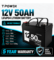 TPower 12V 50Ah LiFePO4 Lithium Deep Cycle Battery with M8 Terminals – 5 Year Warranty