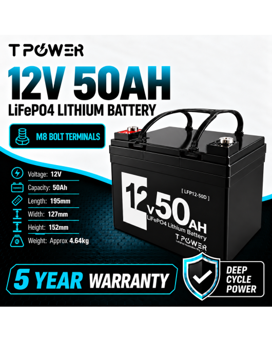 TPower 12V 50Ah LiFePO4 Lithium Deep Cycle Battery with M8 Terminals – 5 Year Warranty