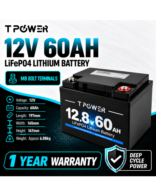 TPower 12V 60Ah LiFePO4 Lithium Deep Cycle Battery with M8 Terminals – 1 Year Warranty