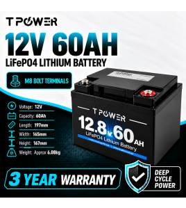 TPower 12V 60Ah LiFePO4 Lithium Deep Cycle Battery with M8 Terminals – 3 Year Warranty
