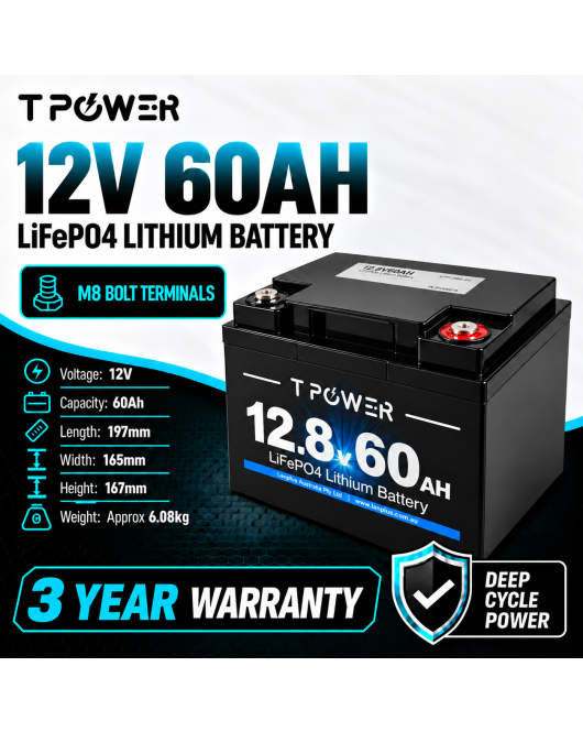 TPower 12V 60Ah LiFePO4 Lithium Deep Cycle Battery with M8 Terminals – 3 Year Warranty - Wholesale (10+ Units)