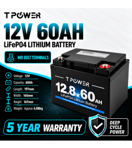 TPower 12V 60Ah LiFePO4 Lithium Deep Cycle Battery with M8 Terminals – 5 Year Warranty