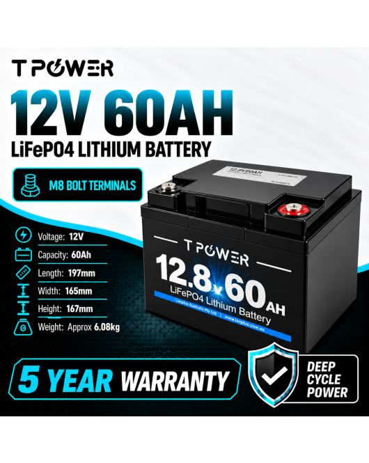 TPower 12V 60Ah LiFePO4 Lithium Deep Cycle Battery with M8 Terminals – 5 Year Warranty - Wholesale (10+ Units)