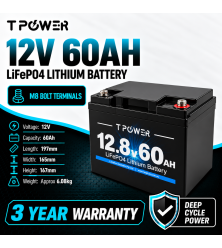 TPower 12V 60Ah LiFePO4 Lithium Deep Cycle Battery with M8 Terminals – 3 Year Warranty