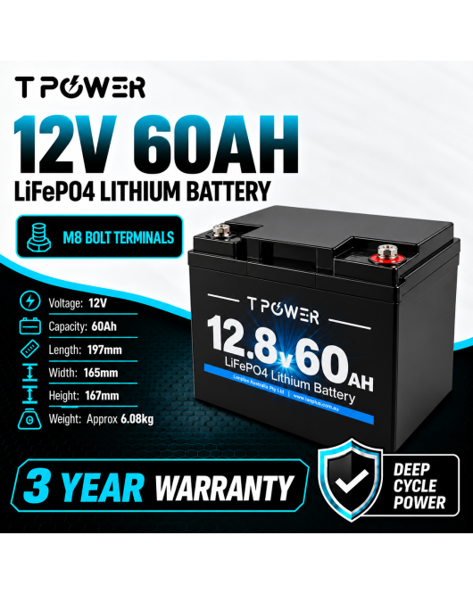 TPower 12V 60Ah LiFePO4 Lithium Deep Cycle Battery with M8 Terminals – 3 Year Warranty