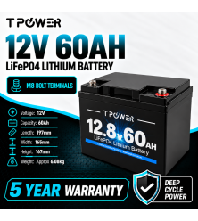 TPower 12V 60Ah LiFePO4 Lithium Deep Cycle Battery with M8 Terminals – 5 Year Warranty