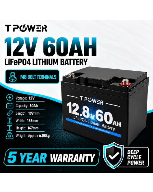TPower 12V 60Ah LiFePO4 Lithium Deep Cycle Battery with M8 Terminals – 5 Year Warranty