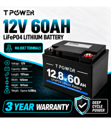 TPower 12V 60Ah LiFePO4 Lithium Deep Cycle Battery with M6 Terminals – 3 Year Warranty