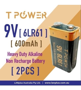 2x Tpower 9V 6LR61 Same size as 6F22ND smoke alarm Industrial Alkaline battery