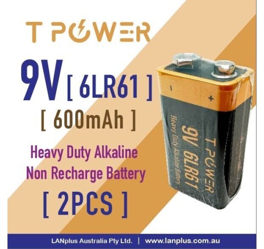 2x Tpower 9V 6LR61 Same size as 6F22ND smoke alarm Industrial Alkaline battery