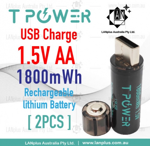 2x Tpower 1.5V AA USB Rechargeable Lithium Battery 1800mWh 1000+ Cycle AU