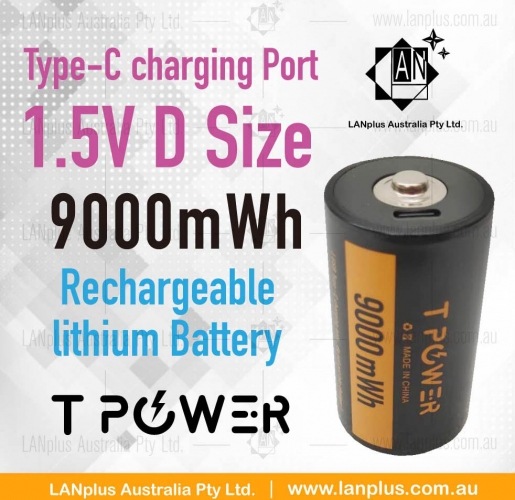 2x 1.5V 9000mWh D Size Rechargeable lithium Battery Type-C port 