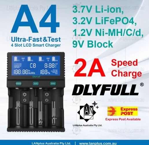 Dlyfull A4 Digital Smart 4 slot Battery Tester Charger 2.0A F 18650 Li-ion 26650 C D CR123a