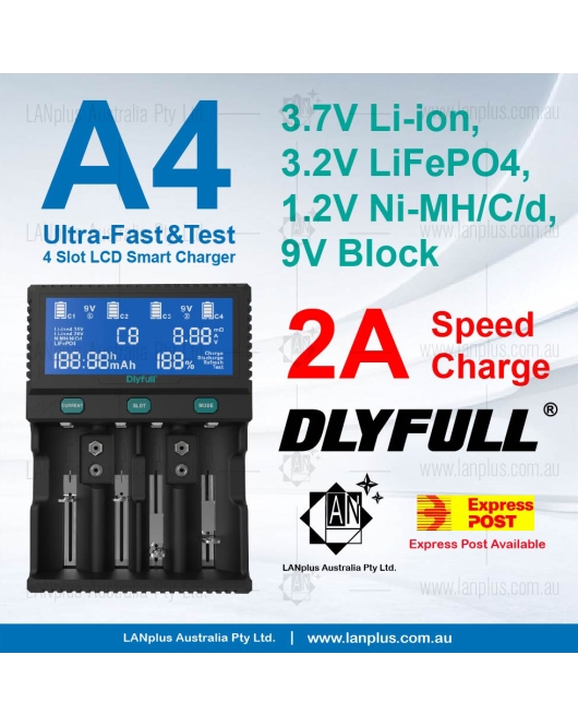 Dlyfull A4 Digital Smart 4 slot Battery Tester Charger 2.0A F 18650 Li-ion 26650 C D CR123a