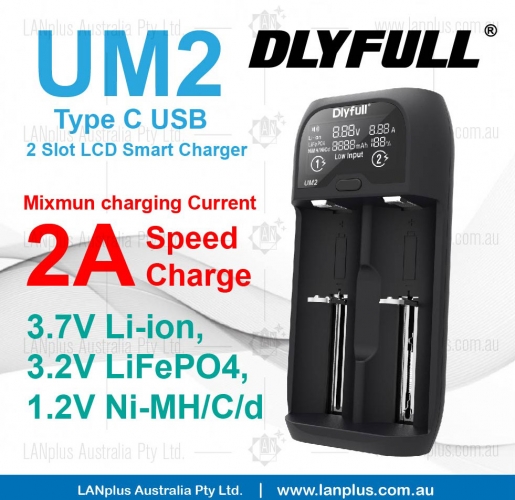 Dlyfull UM2 2-slot 2 bays LCD Battery Charger for LiFePO4 Ni-MH 18650 21700 AA