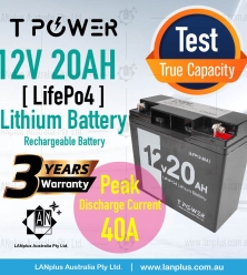 12V 20AH LiFePO4 Lithium Battery Rechargeable Light Weight 2.54Kg 3-Year Warranty