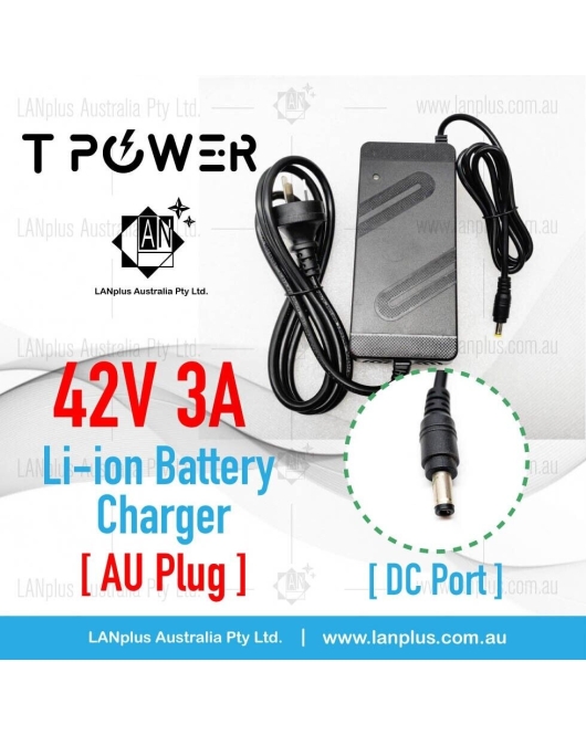 TPower 42V 3A Li-ion Charger for 36V E-Bike Battery – DC Port – AU Plug