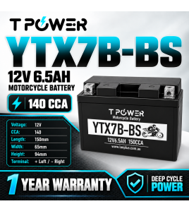 TPower YTX7B-BS 12V 6.5Ah AGM Motorcycle Battery 140 CCA