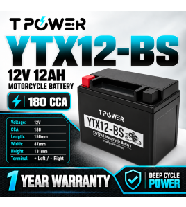 TPower YTX12-BS 12V 12Ah GEL Motorcycle Battery 180 CCA