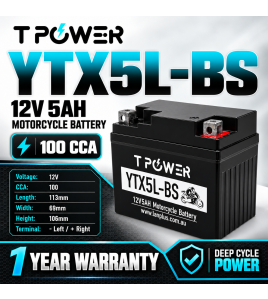 TPower YTX5L-BS 12V 5Ah GEL Motorcycle Battery 100 CCA