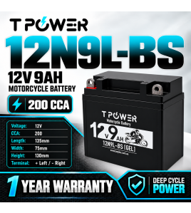 TPower 12N9L-BS 12V 9Ah GEL Motorcycle Battery 200 CCA