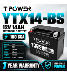 TPower YTX14-BS 12V 14Ah GEL Motorcycle Battery 180 CCA