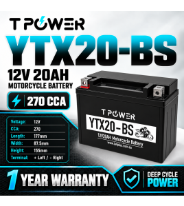 TPower YTX20-BS 12V 20Ah Sealed Motorcycle Battery 270 CCA