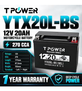 TPower YTX20L-BS 12V 20Ah GEL Motorcycle Battery 270 CCA