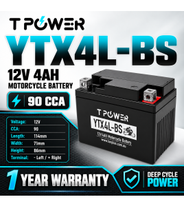 TPower YTX4L-BS 12V 4Ah GEL Motorcycle Battery 90 CCA